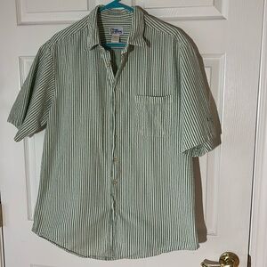 Vintage Ren Spooner Green & Cream Seersucker short sleeve‎ button down, Sz L